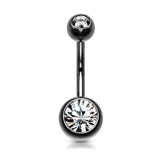 Black Steel Double Clear Gem Belly Button Bar
