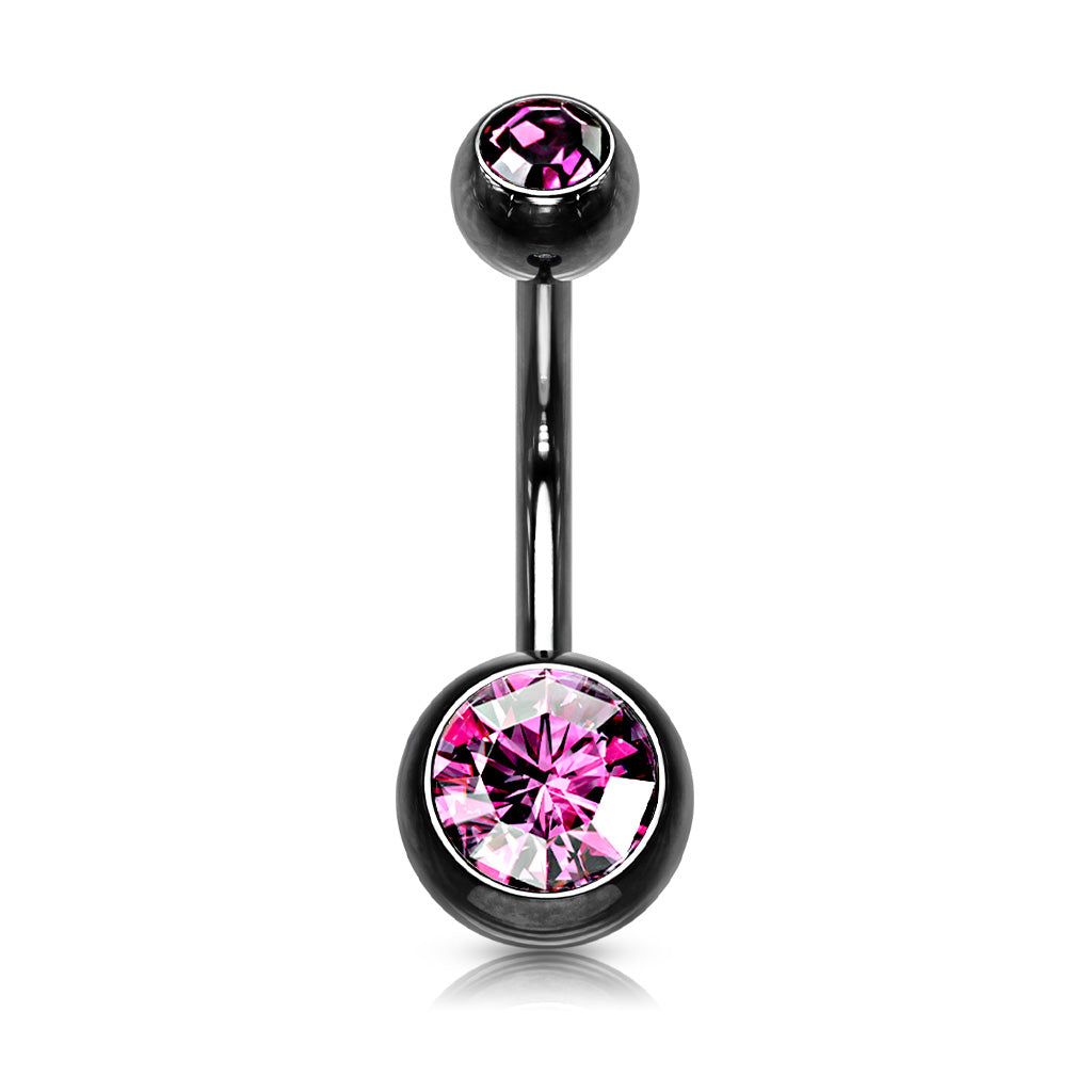 Black Steel Double Pink Gem Belly Button Bar