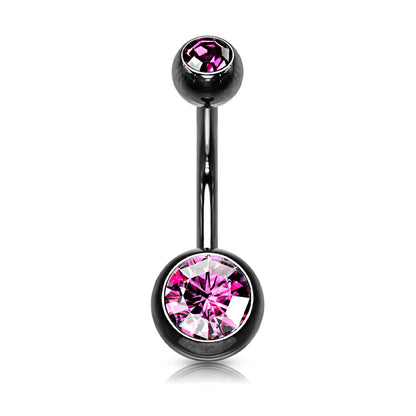 Black Steel Double Pink Gem Belly Button Bar