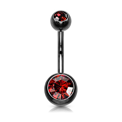 Black Steel Double Red Gem Belly Button Bar