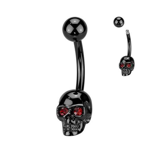 Black Steel Skull Gem Eyes Belly Button Bar 14g