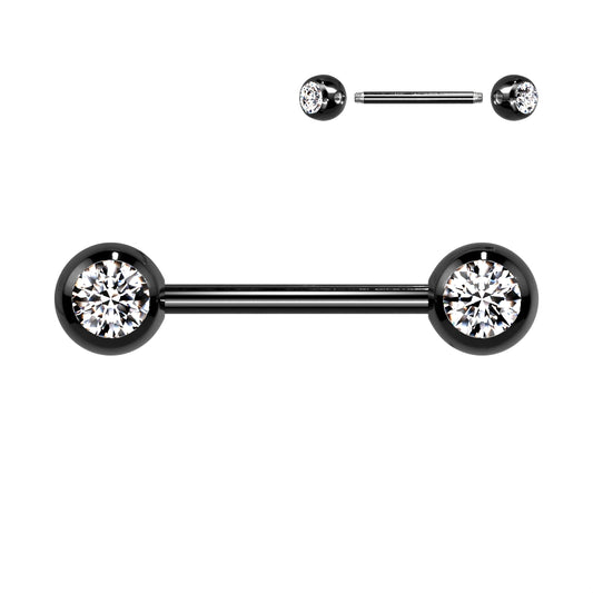 Black Steel Titanium IP Clear Gem Nipple Bar 14g