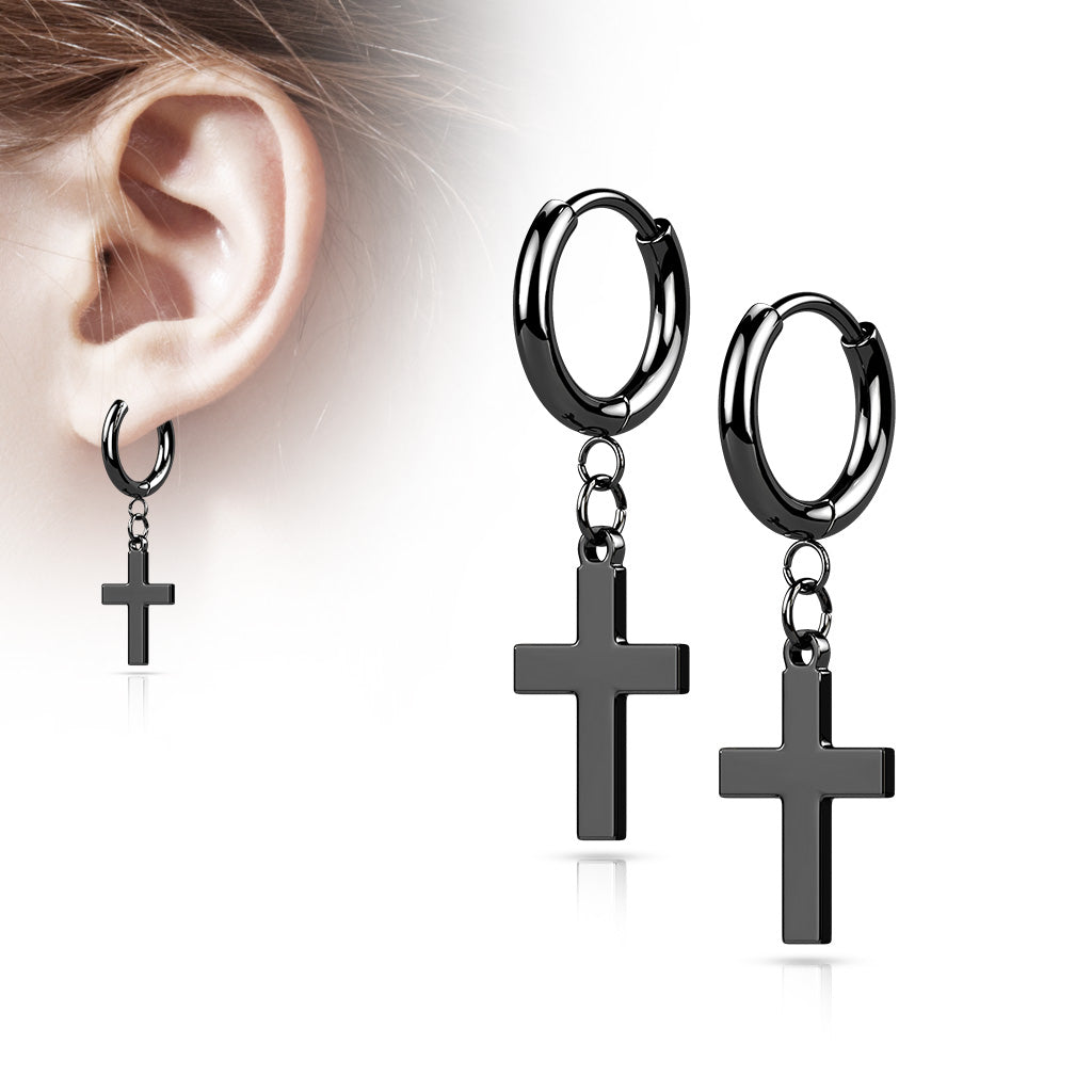 Black Surgical Steel Cross Dangle Earrings