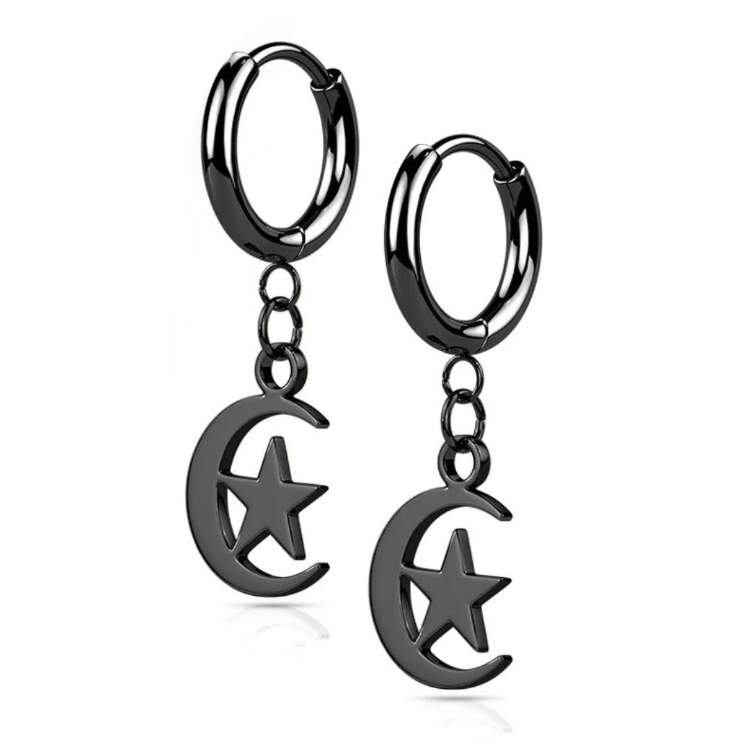 Black Surgical Steel Moon & Star Dangle Earrings (pair)