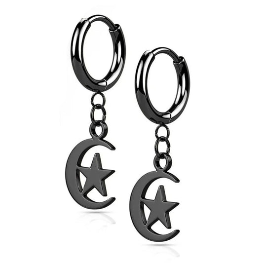 Black Surgical Steel Moon & Star Dangle Earrings (pair)