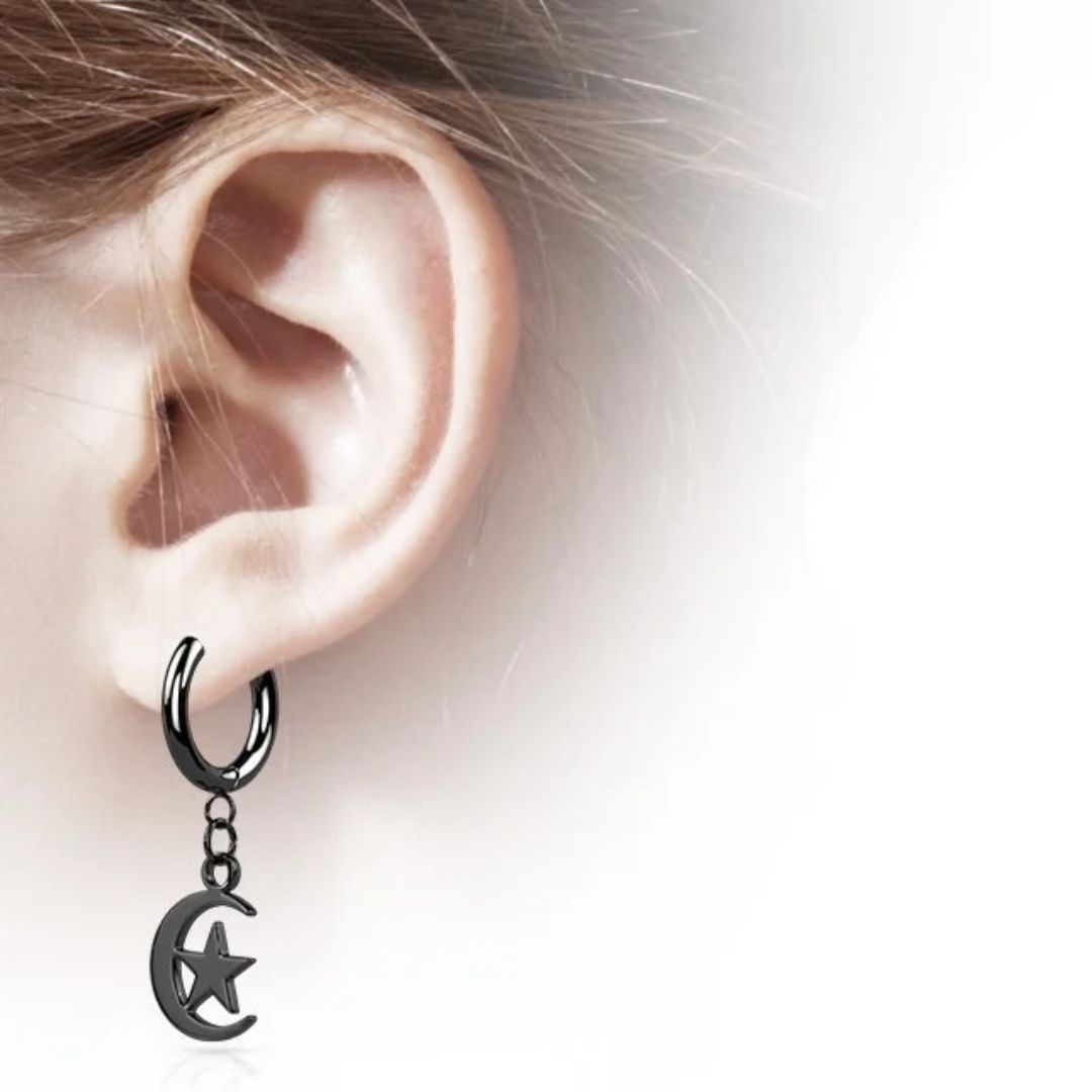 Black Surgical Steel Moon & Star Dangle Earrings (pair) model