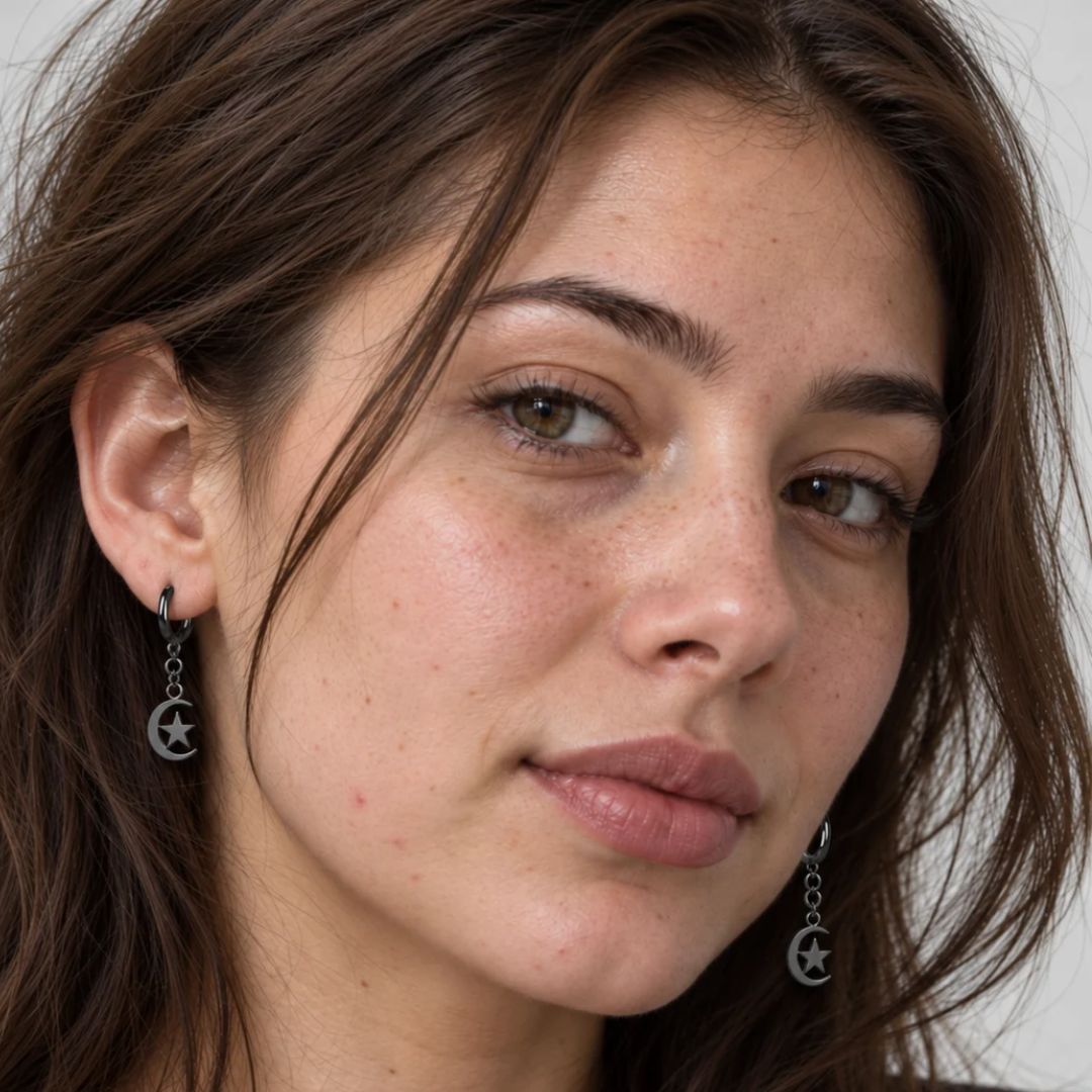 Black Surgical Steel Moon & Star Dangle Earrings (pair) model 2