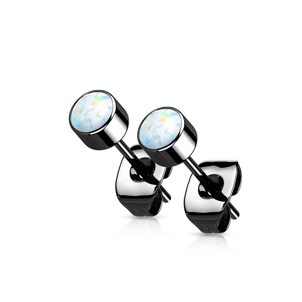 Black Titanium Bezel Set White Opal Earring Studs