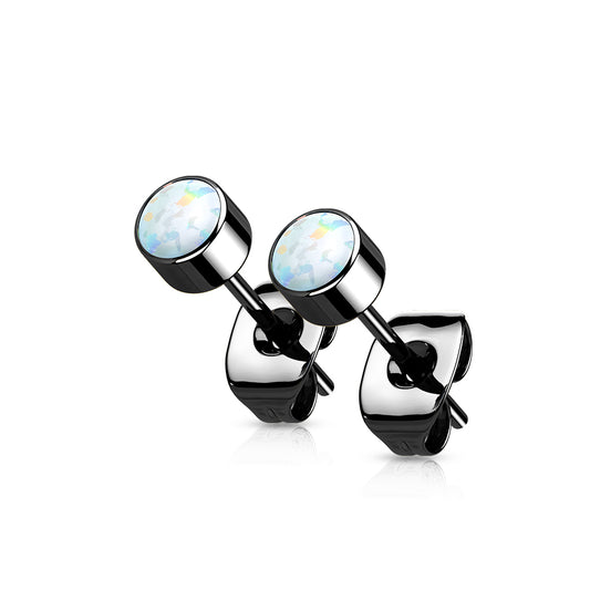 Black Titanium Bezel Set White Opal Earring Studs