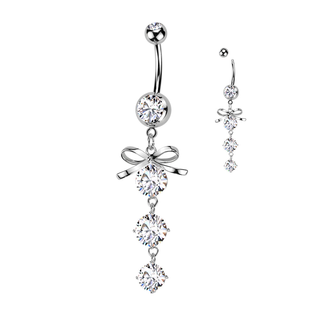 Bow Clear Gem Drop Silver Dangle Belly Button Bar 14g