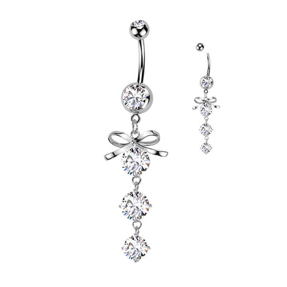 Bow Clear Gem Drop Silver Dangle Belly Button Bar 14g