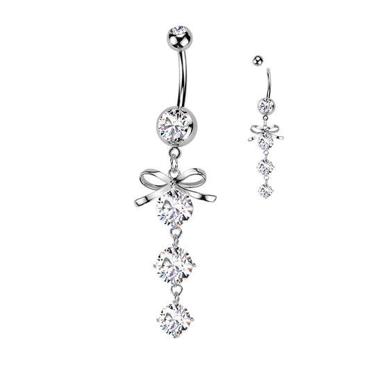 Bow Clear Gem Drop Silver Dangle Belly Button Bar 14g