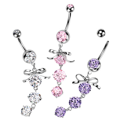 Bow Gem Drop Silver Dangle Belly Button Bar 14g