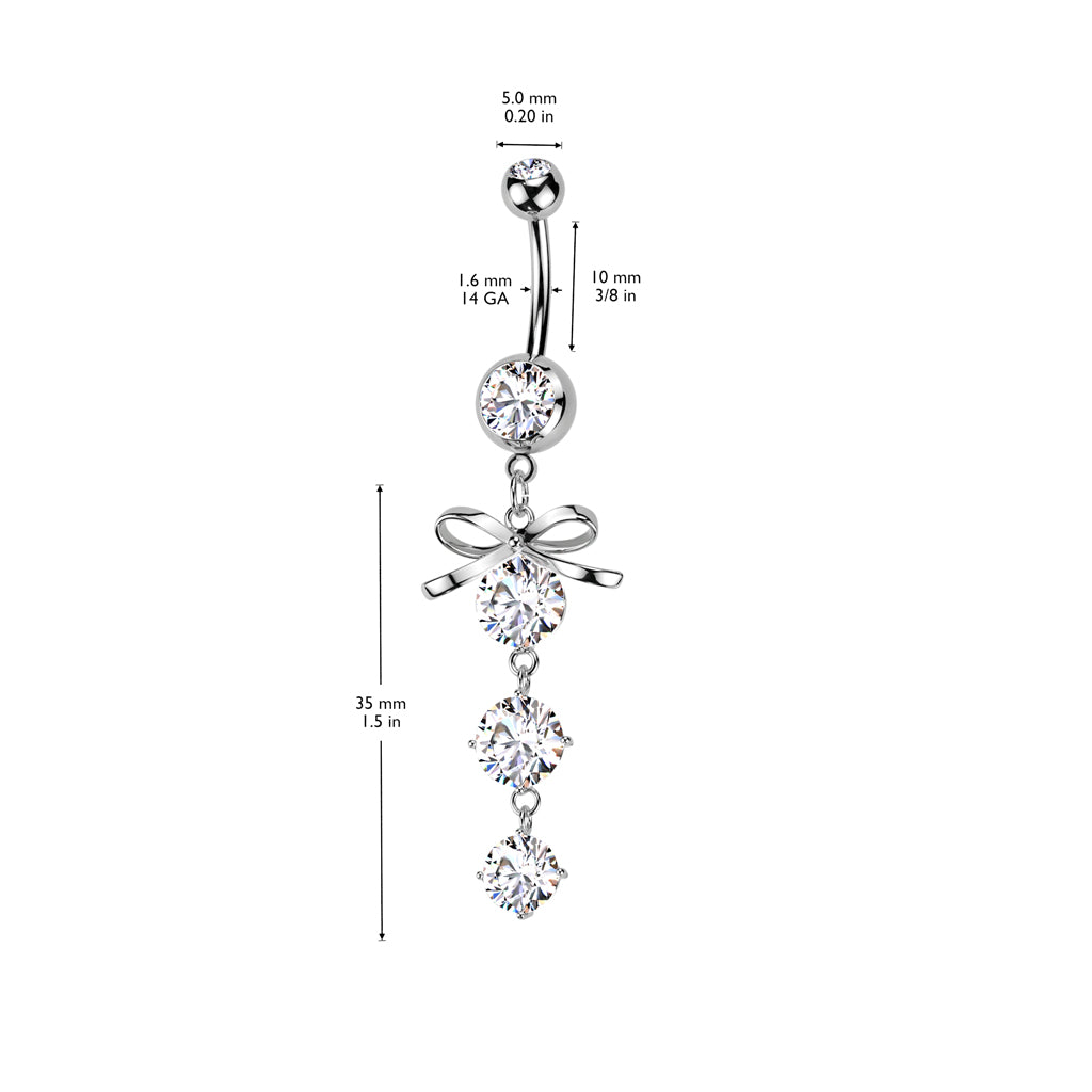 Bow Gem Drop Silver Dangle Belly Button Bar 14g dimensions