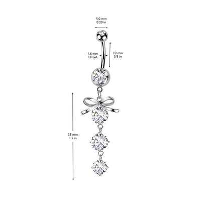 Bow Gem Drop Silver Dangle Belly Button Bar 14g dimensions