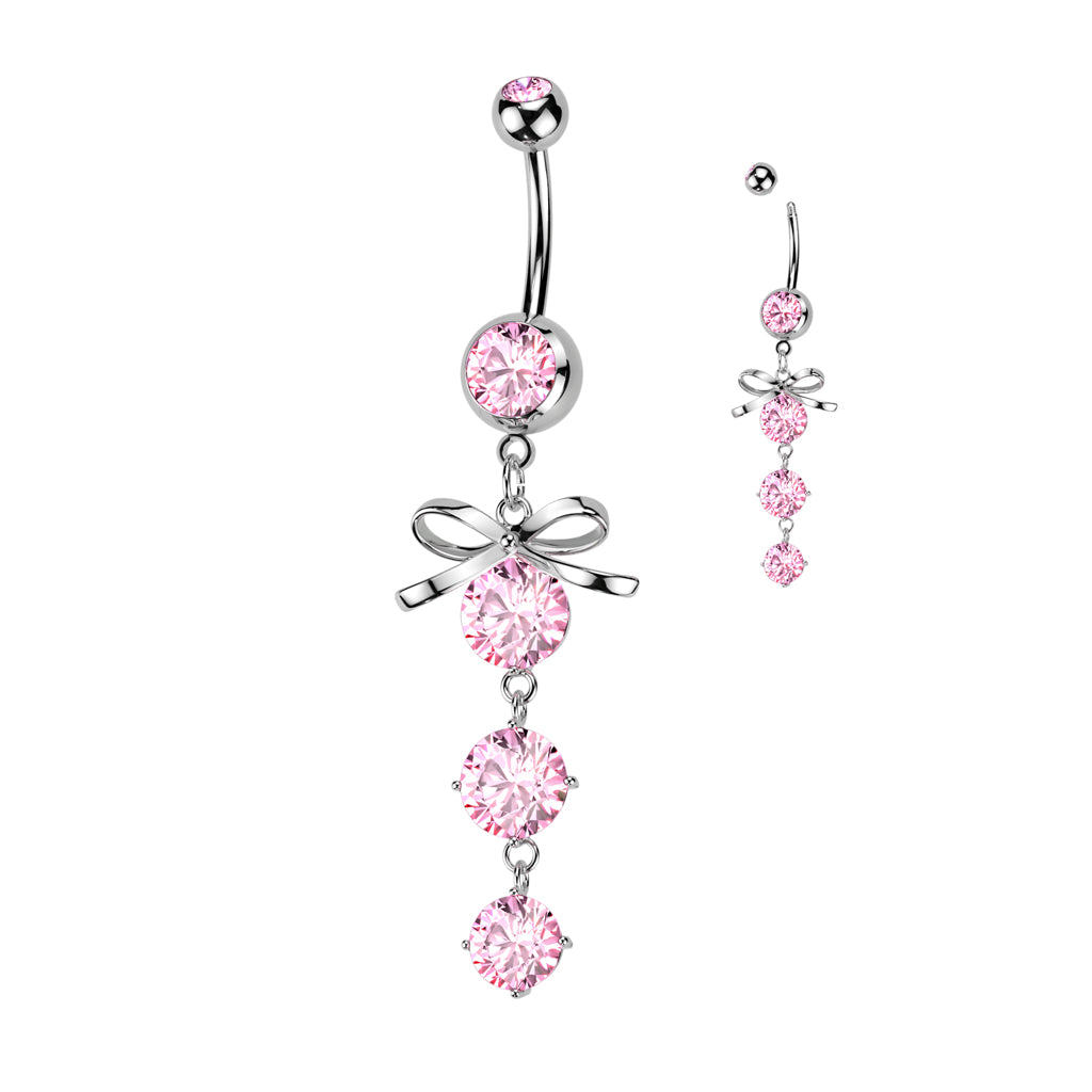 Bow Pink Gem Drop Silver Dangle Belly Button Bar 14g