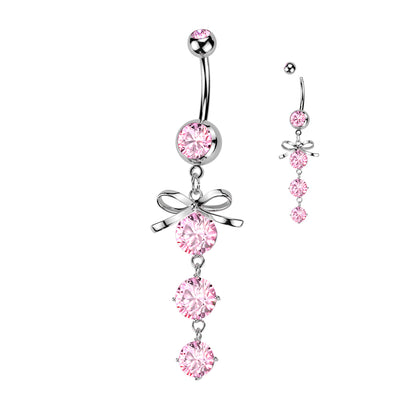 Bow Pink Gem Drop Silver Dangle Belly Button Bar 14g