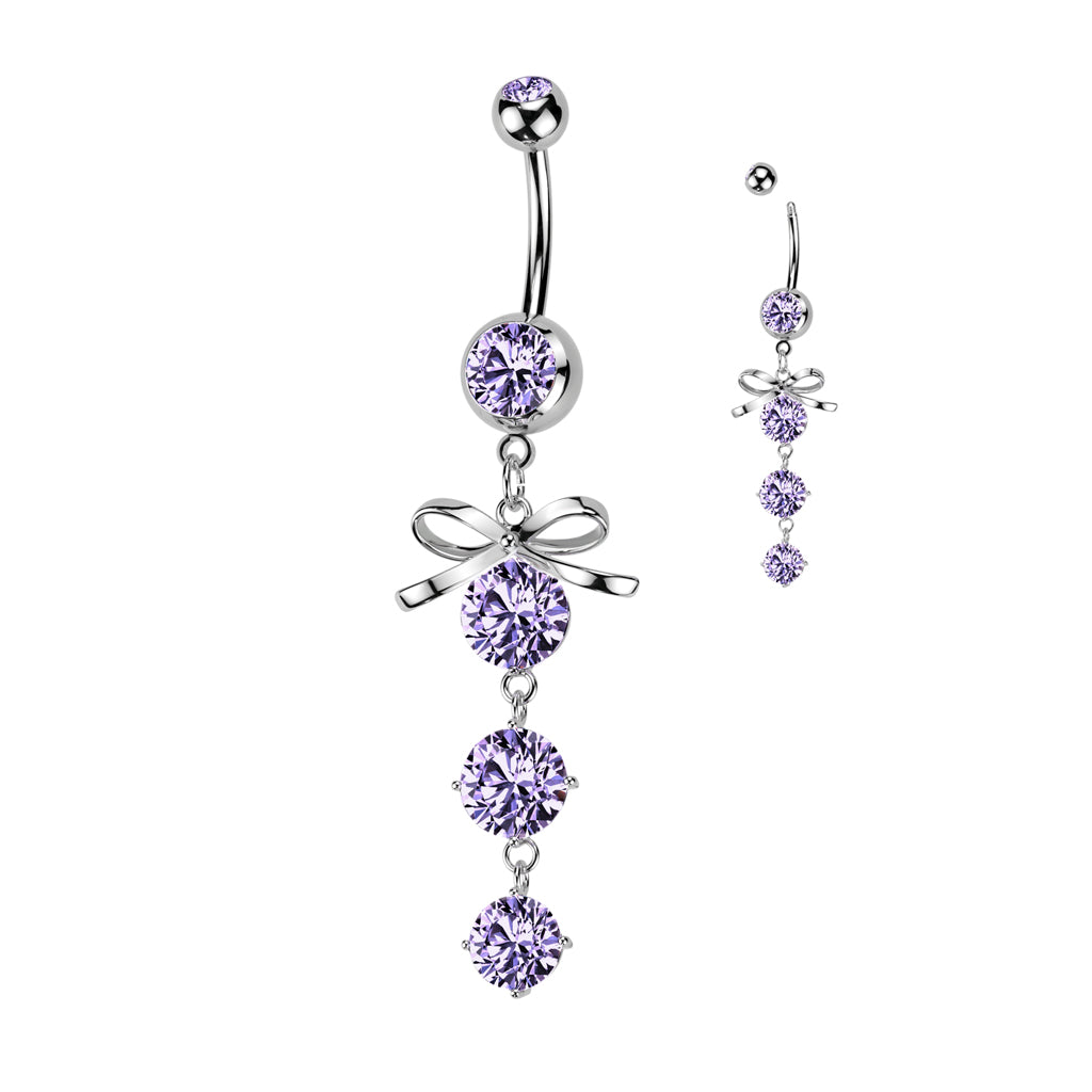 Bow Purple Gem Drop Silver Dangle Belly Button Bar 14g