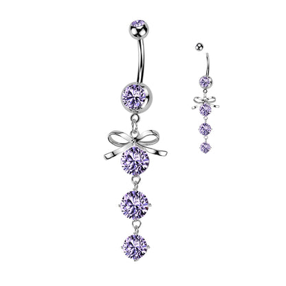 Bow Purple Gem Drop Silver Dangle Belly Button Bar 14g