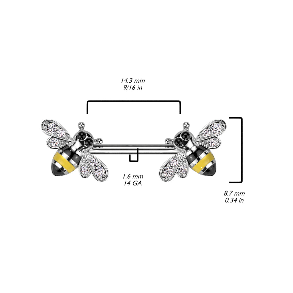 Bumble Bee Gem Nipple Bar 14g dimensions