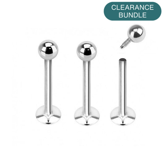 Set of silver lip piercings with a 'Clearance Bundle' label on a white background.