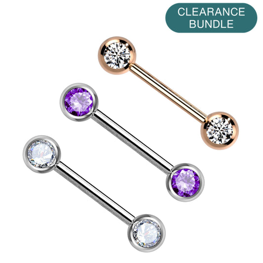 Silver Steel Gem Nipple Barbell 14g 16mm - 3 Pack *CLEARANCE*