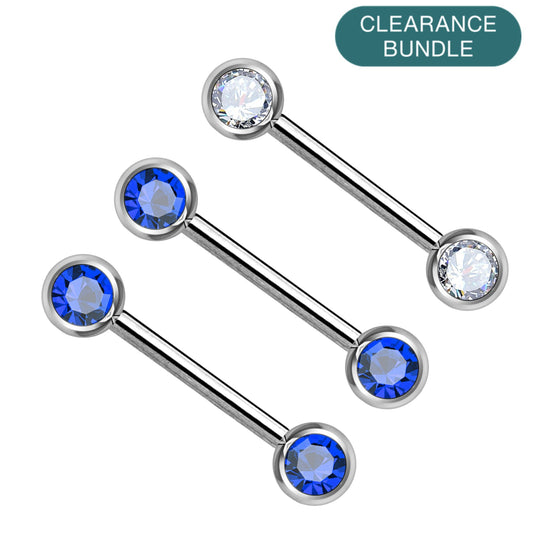 Silver Steel Gem Nipple Barbells 14g 12mm - 3 Pack *CLEARANCE*