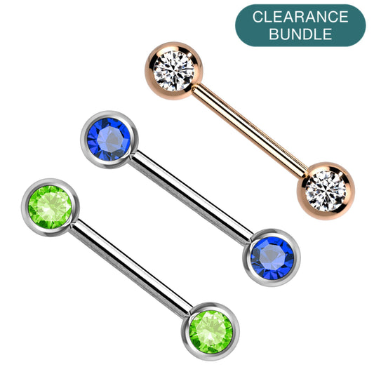 Silver Steel Gem Nipple Barbell 14g 12mm - 3 Pack *CLEARANCE*