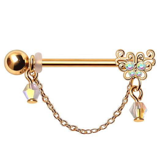 Butterfly Chain Dangle Gold Nipple Bar 14g