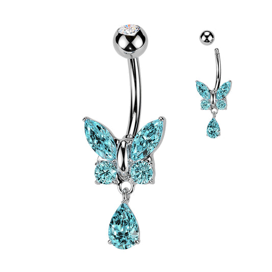Butterfly Teardrop Aqua Blue Gem Dangle Belly Button Bar