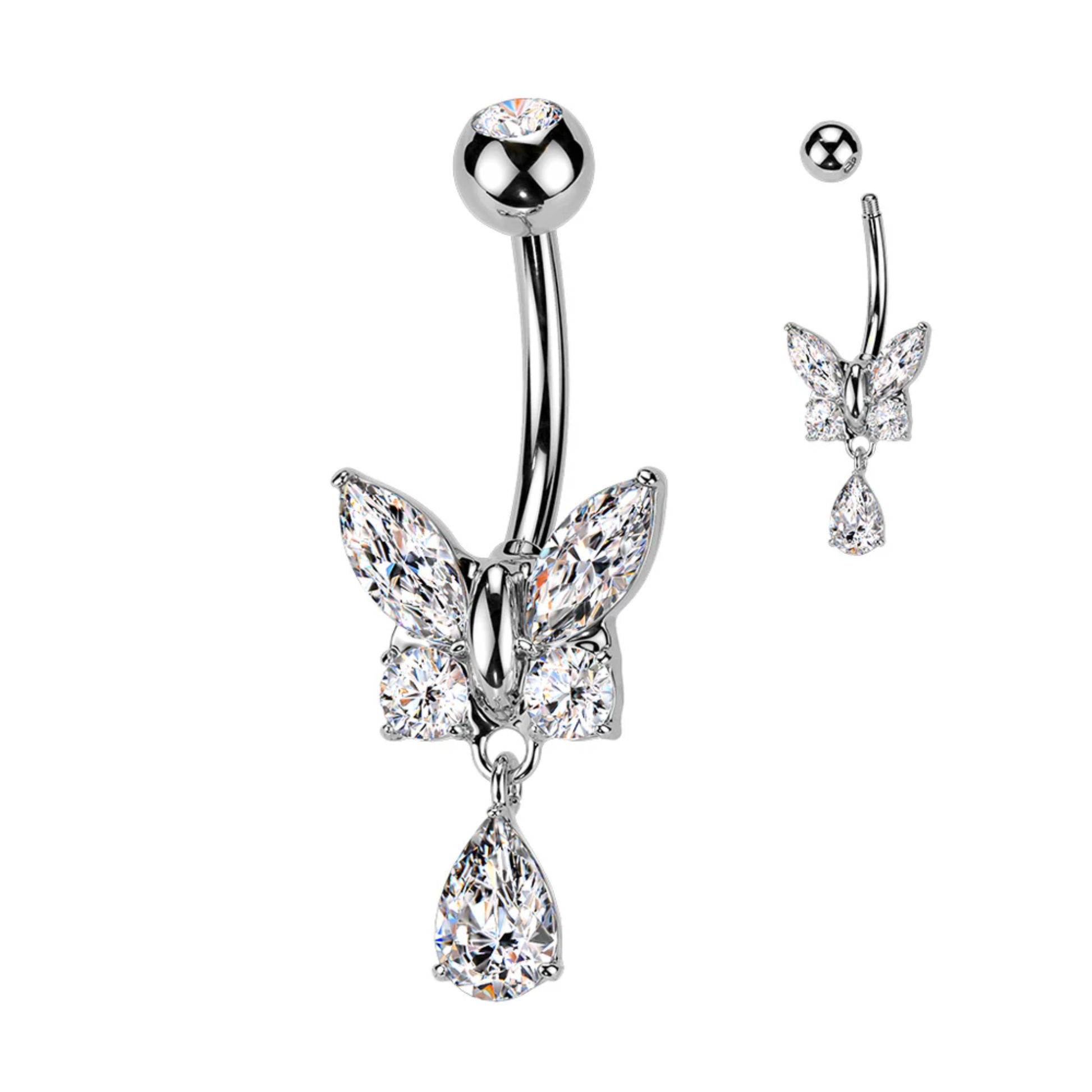 Butterfly Teardrop Clear Gem Dangle Belly Button Bar 14g