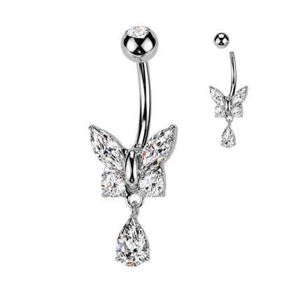 Butterfly Teardrop Clear Gem Dangle Belly Button Bar 14g