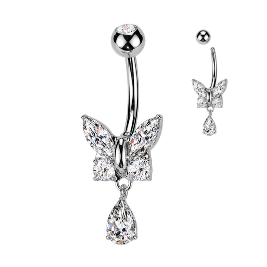 Butterfly Teardrop Clear Gem Dangle Belly Button Bar 14g