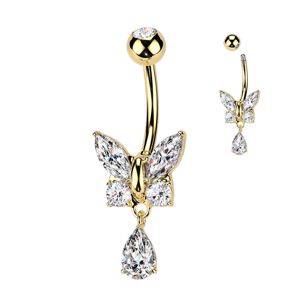 Butterfly Teardrop Clear Gem Gold Dangle Belly Button Bar