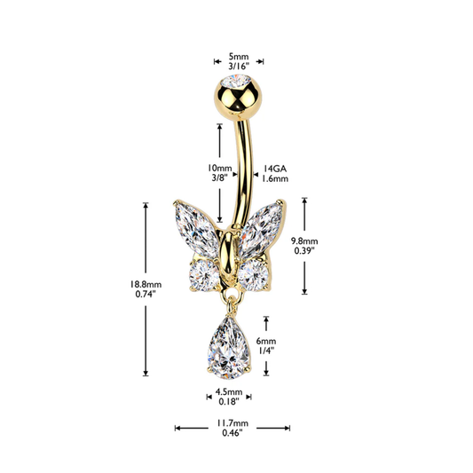 Butterfly Teardrop Gem Dangle Belly Button Bar 14g