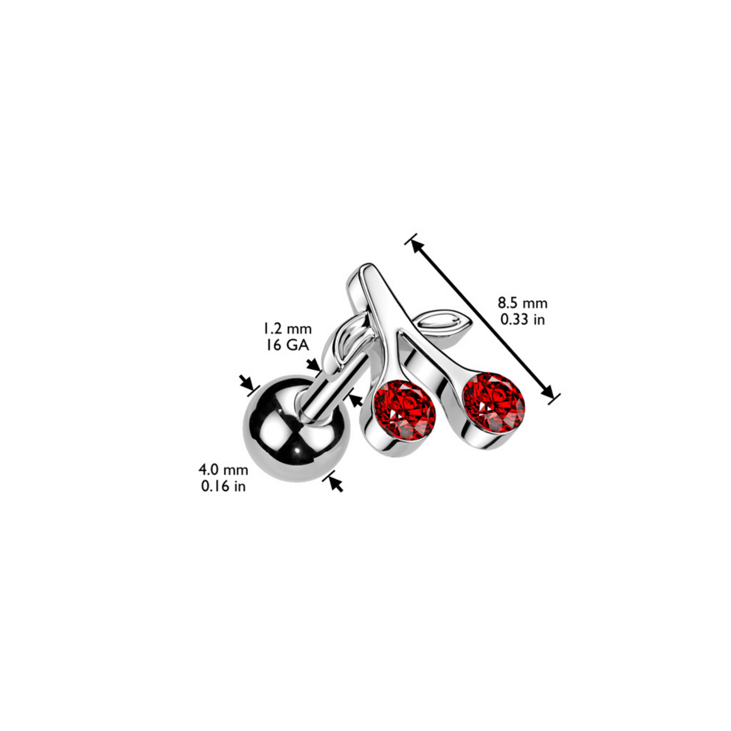 Cherries Steel Tragus Cartilage Bar Dimensions