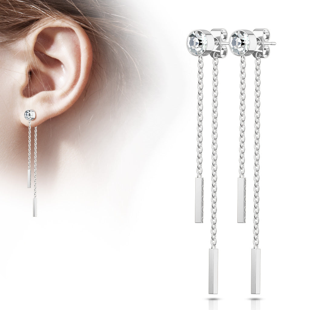 Clear Bezel Gem Chain Dangle Silver Steel Studs