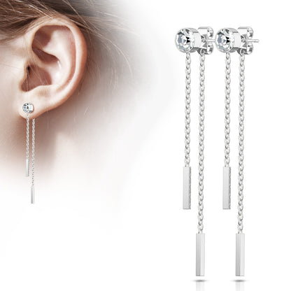 Clear Bezel Gem Chain Dangle Silver Steel Studs