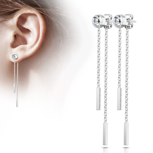 Clear Bezel Gem Chain Dangle Silver Steel Studs