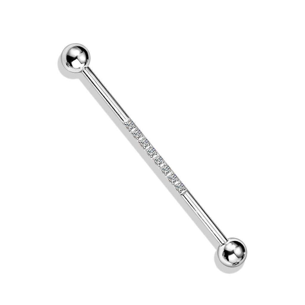 Clear CNC Lined Gem Steel Silver Industrial Barbell 38mm