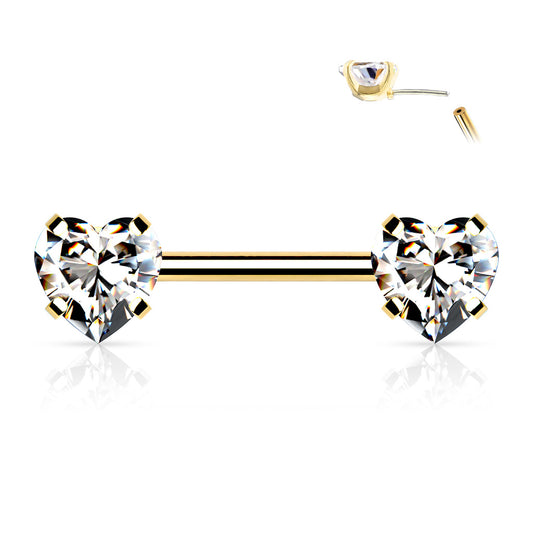 Clear Heart Gems Gold  Threadless Nipple Bar 14g