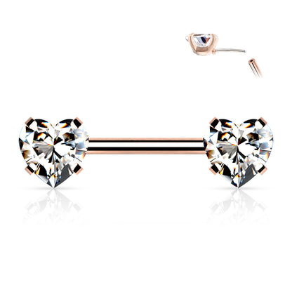 Clear Heart Gems Rose Gold Threadless Nipple Bar 14g