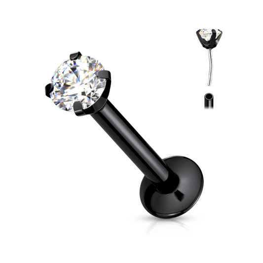Clear Prong Gem Black Threadless Flat Back Stud 20g-16g