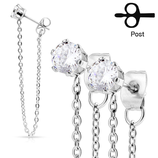 Clear Prong Gem Chain Drop Silver Steel Studs
