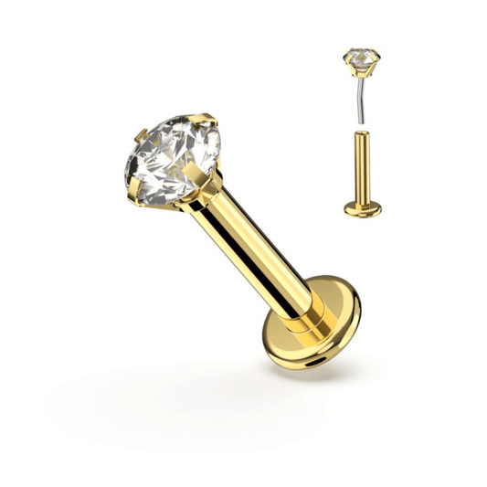 Clear Prong Gem Gold Threadless Flat Back Stud 20g-16g