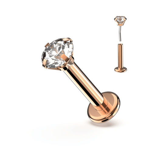 Clear Prong Gem Rose Gold Threadless Flat Back Stud 20g-16g