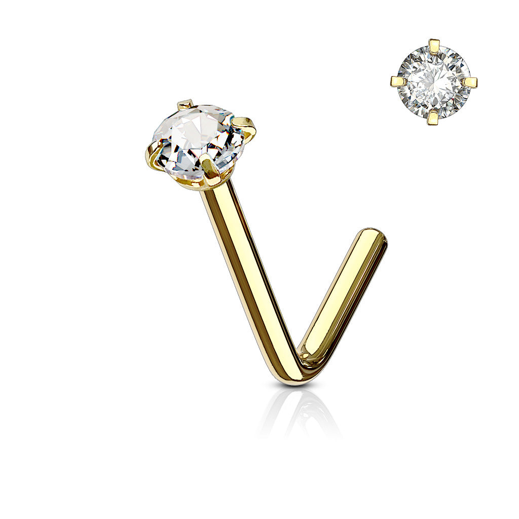 Clear Prong Gem Steel Gold 'L' Bend Nose Stud