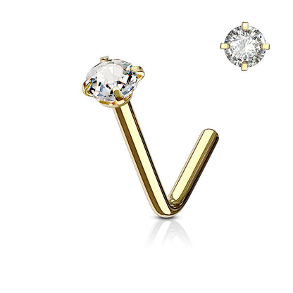 Clear Prong Gem Steel Gold 'L' Bend Nose Stud