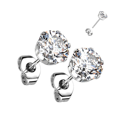 Pair of silver stud earrings with clear gemstones on a white background