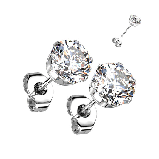 Pair of silver stud earrings with clear gemstones on a white background